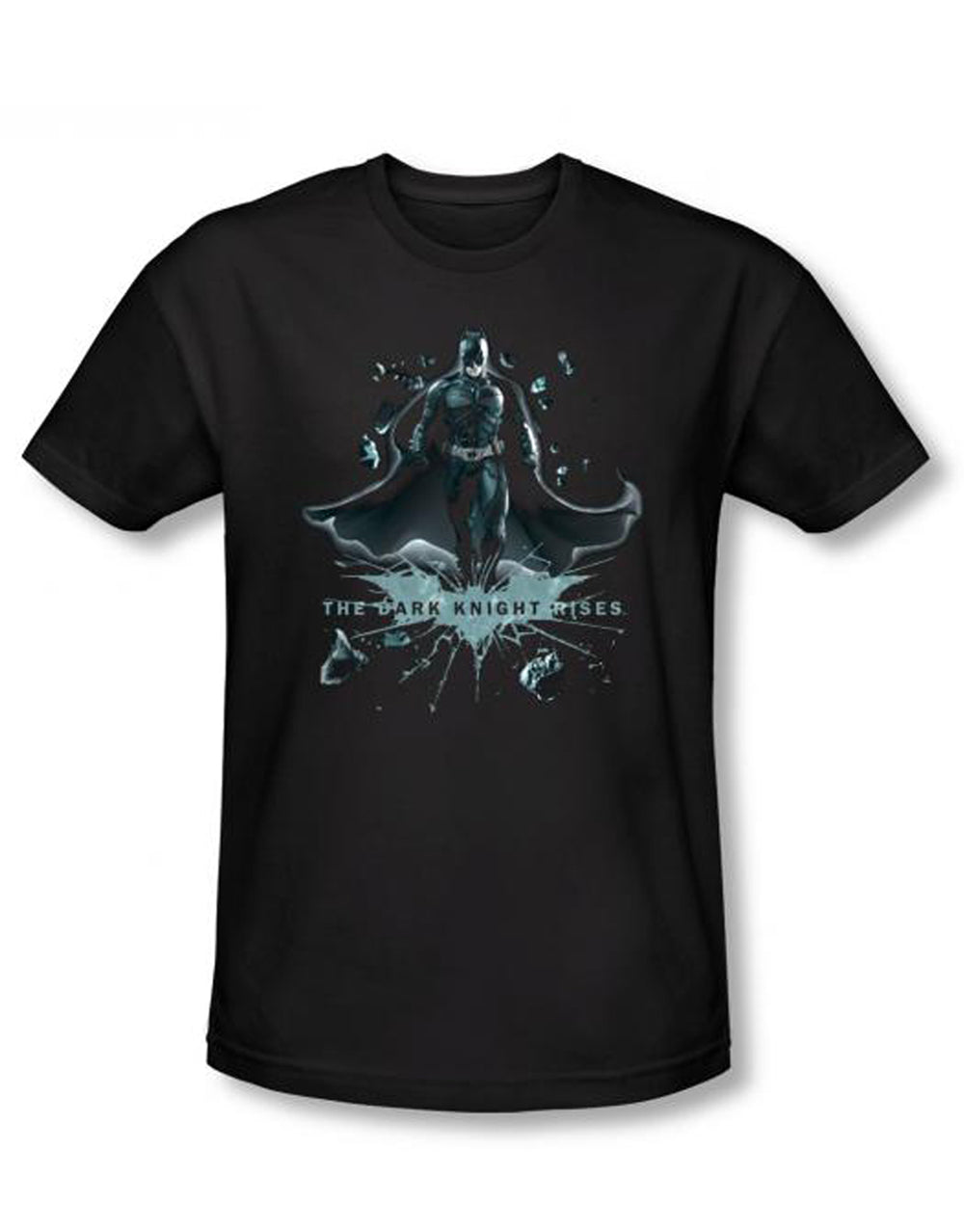 Dark Knight break through graphic on a black adult t-shirt.