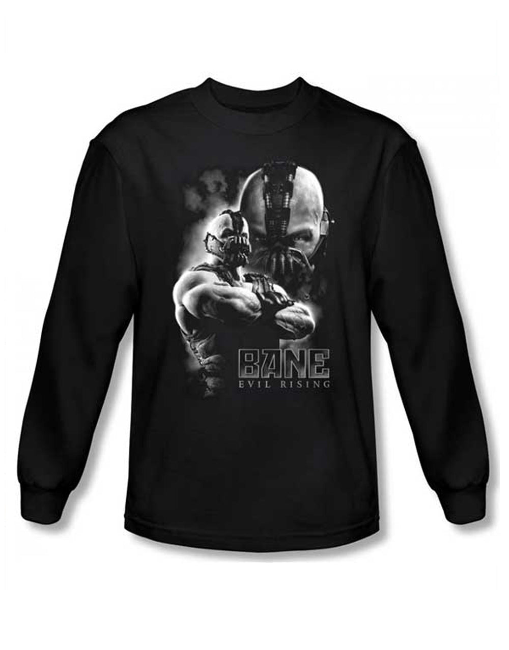 Evil rising graphic on a black adult long sleeve top.