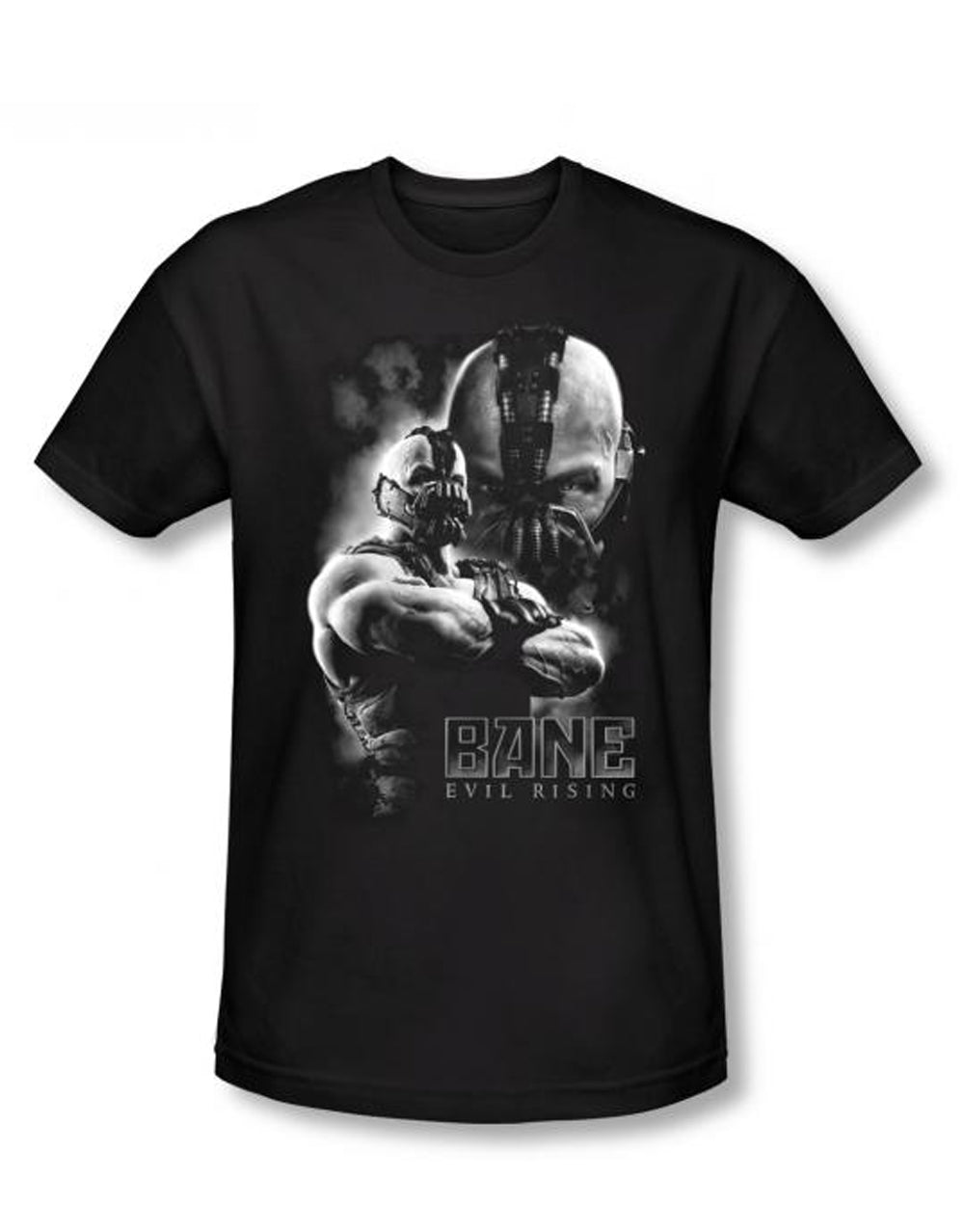 Evil rising graphic on a black adult t-shirt.