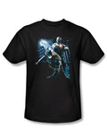 Dark Knight battlefield Gotham graphic on a black adult t-shirt.
