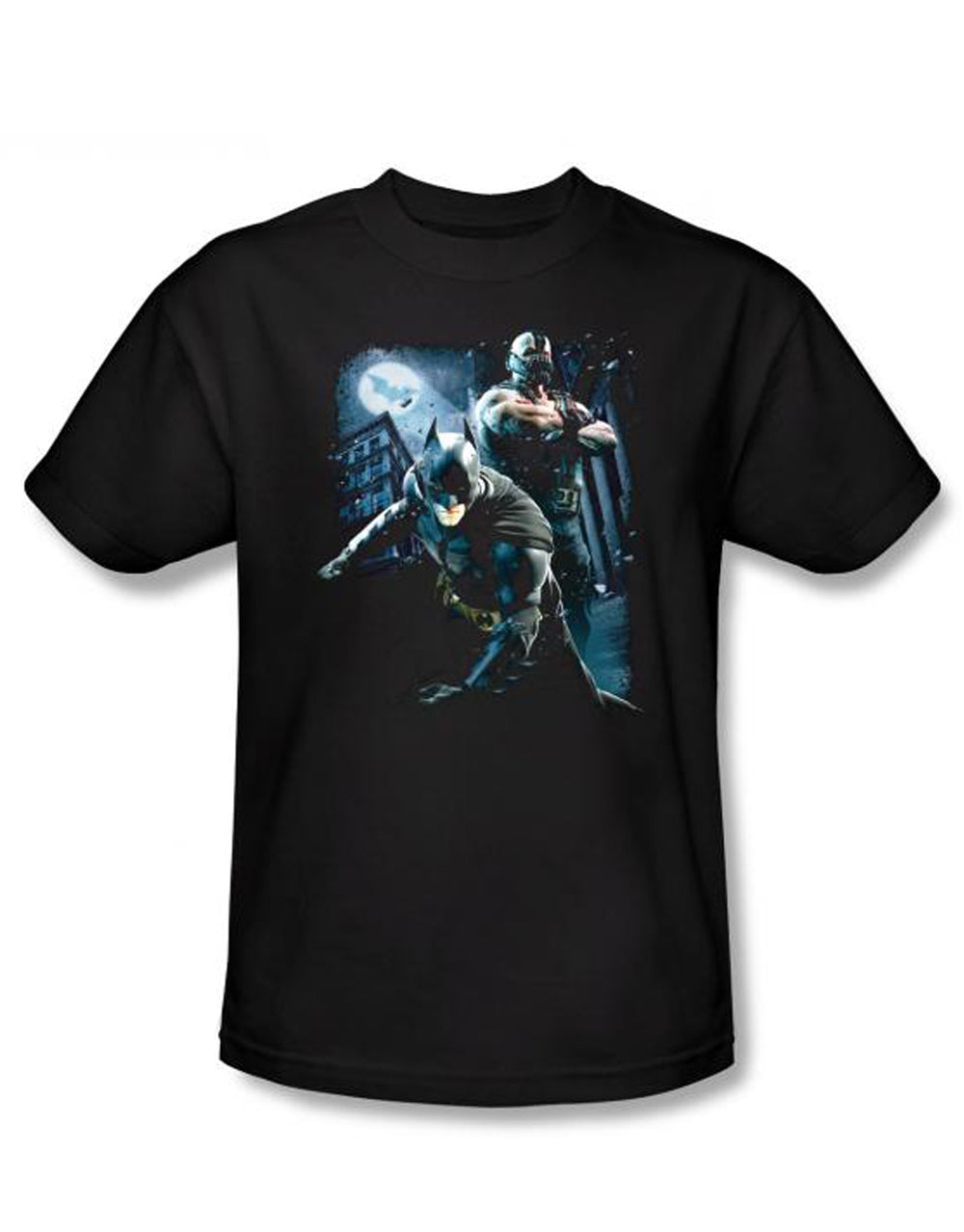 Dark Knight battlefield Gotham graphic on a black adult t-shirt.