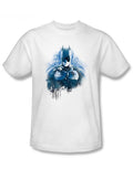 Dark Knight spray graphic on a white adult t-shirt.
