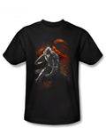 Dark Knight grungy knight graphic on a black adult t-shirt.