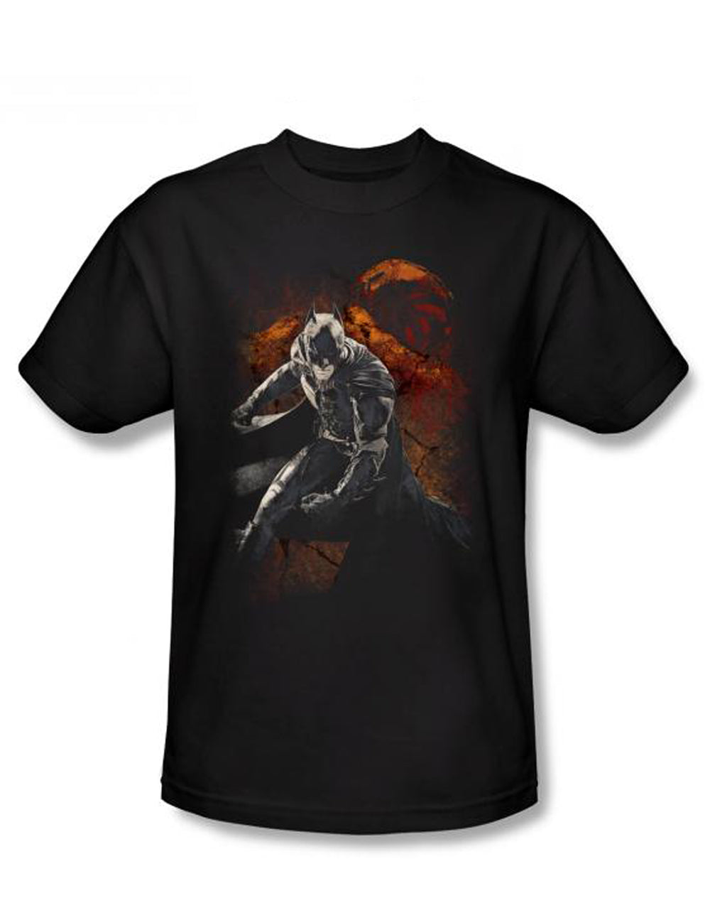 Dark Knight grungy knight graphic on a black adult t-shirt.
