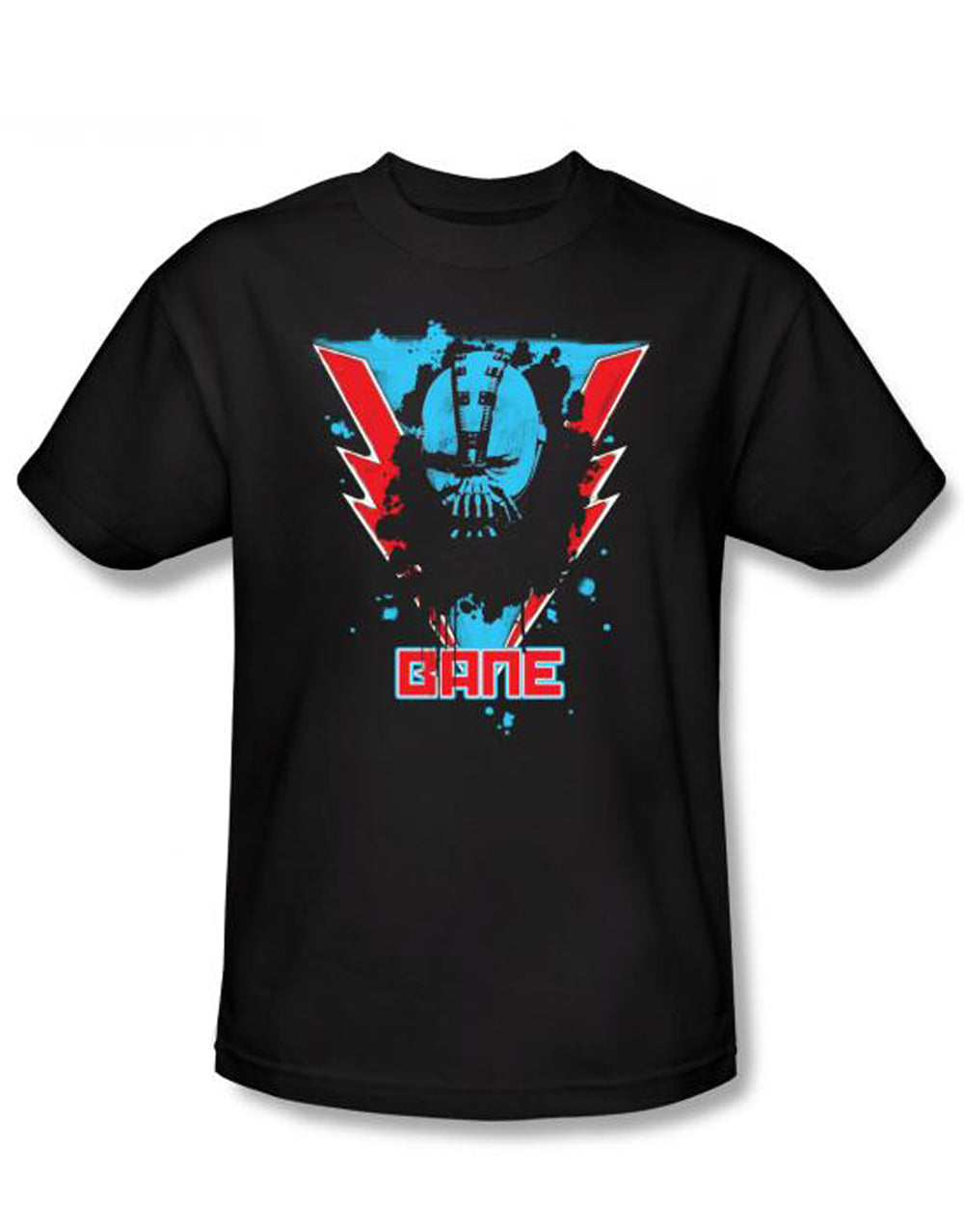 Dark Knight Bane mask lightning graphic on a black adult t-shirt.