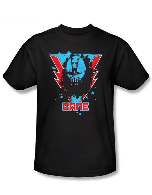 Dark Knight Bane mask lightning graphic on a black adult t-shirt.
