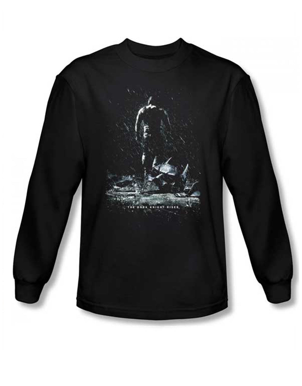 Dark Knight movie poster graphic on a black adult long sleeve top.
