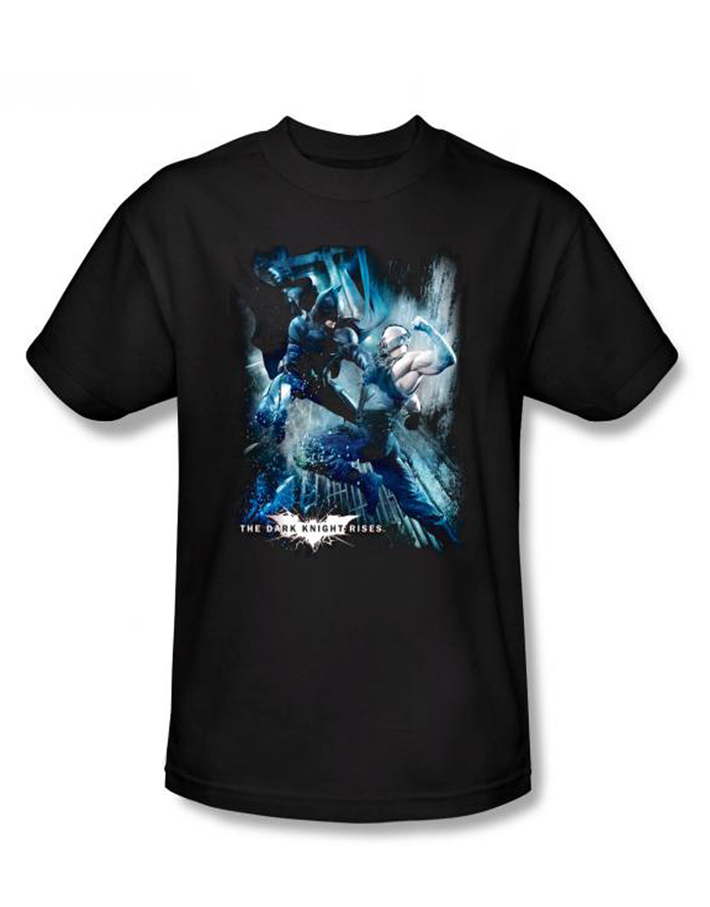 Dark Knight Batman v Bane showdown graphic on a black adult t-shirt.