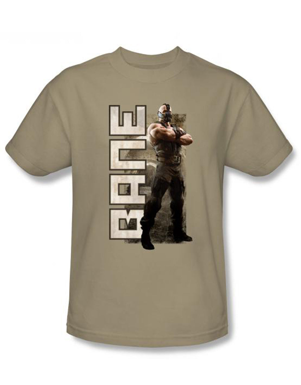 Dark Knight Bane in sewer graphic on a sand adult t-shirt.