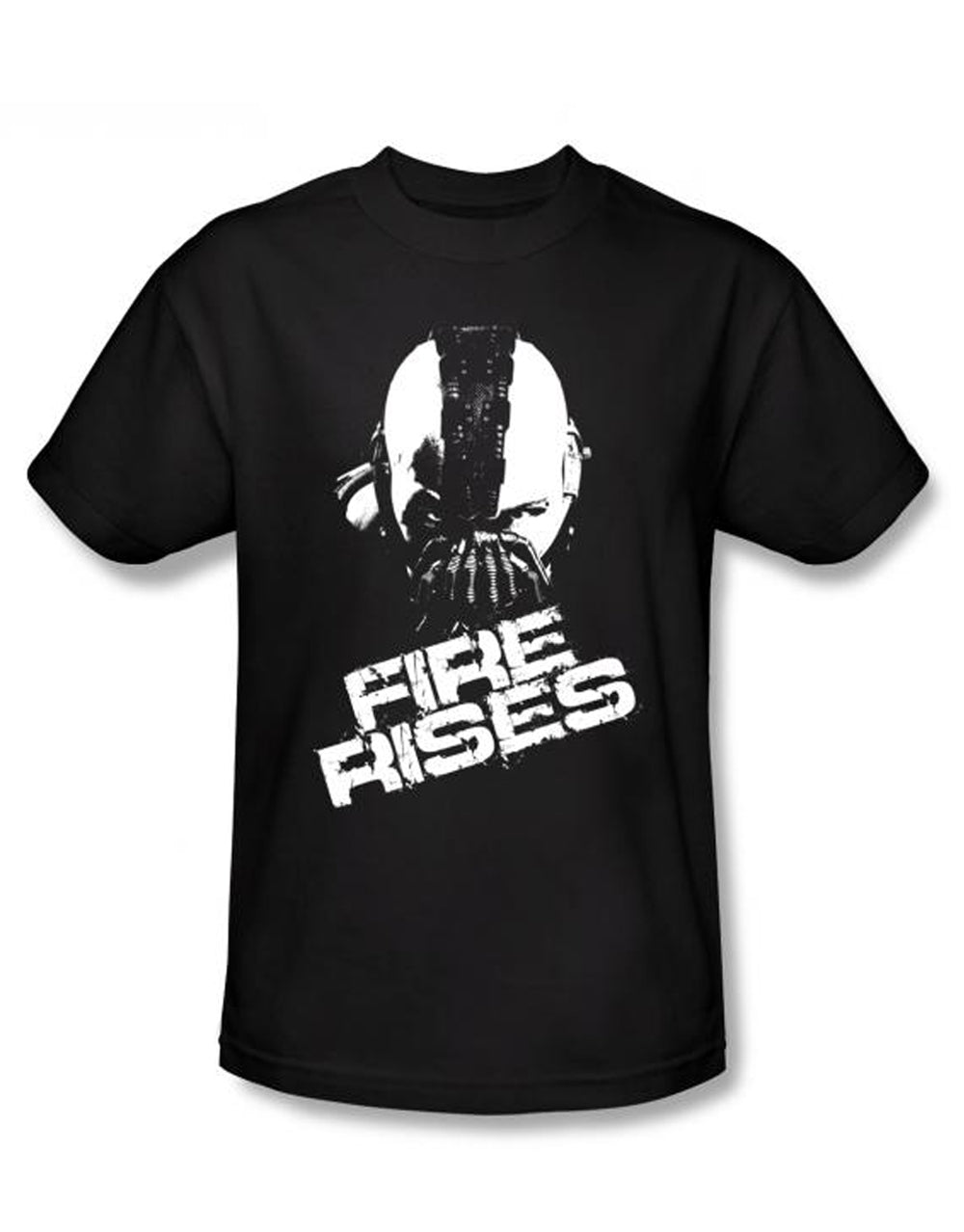 Bane mask fire rises graphic on a black adult t-shirt.