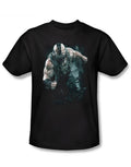 Dark Knight Bane rain graphic on a black adult t-shirt.