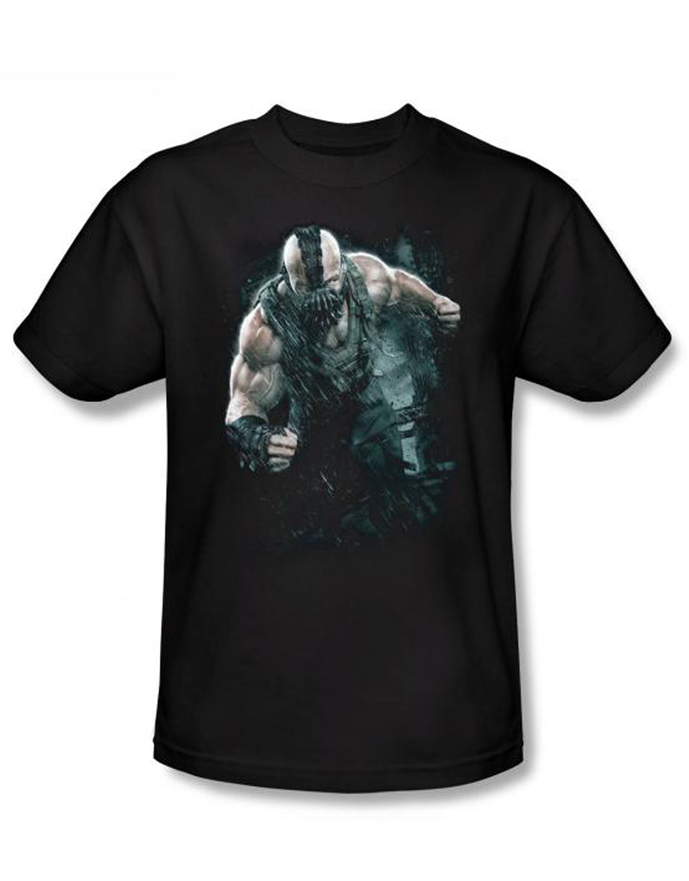 Dark Knight Bane rain graphic on a black adult t-shirt.
