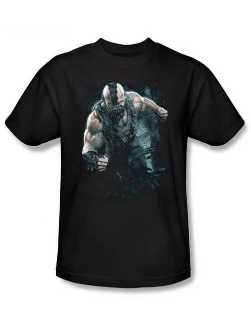 Dark Knight Bane rain graphic on a black adult t-shirt.