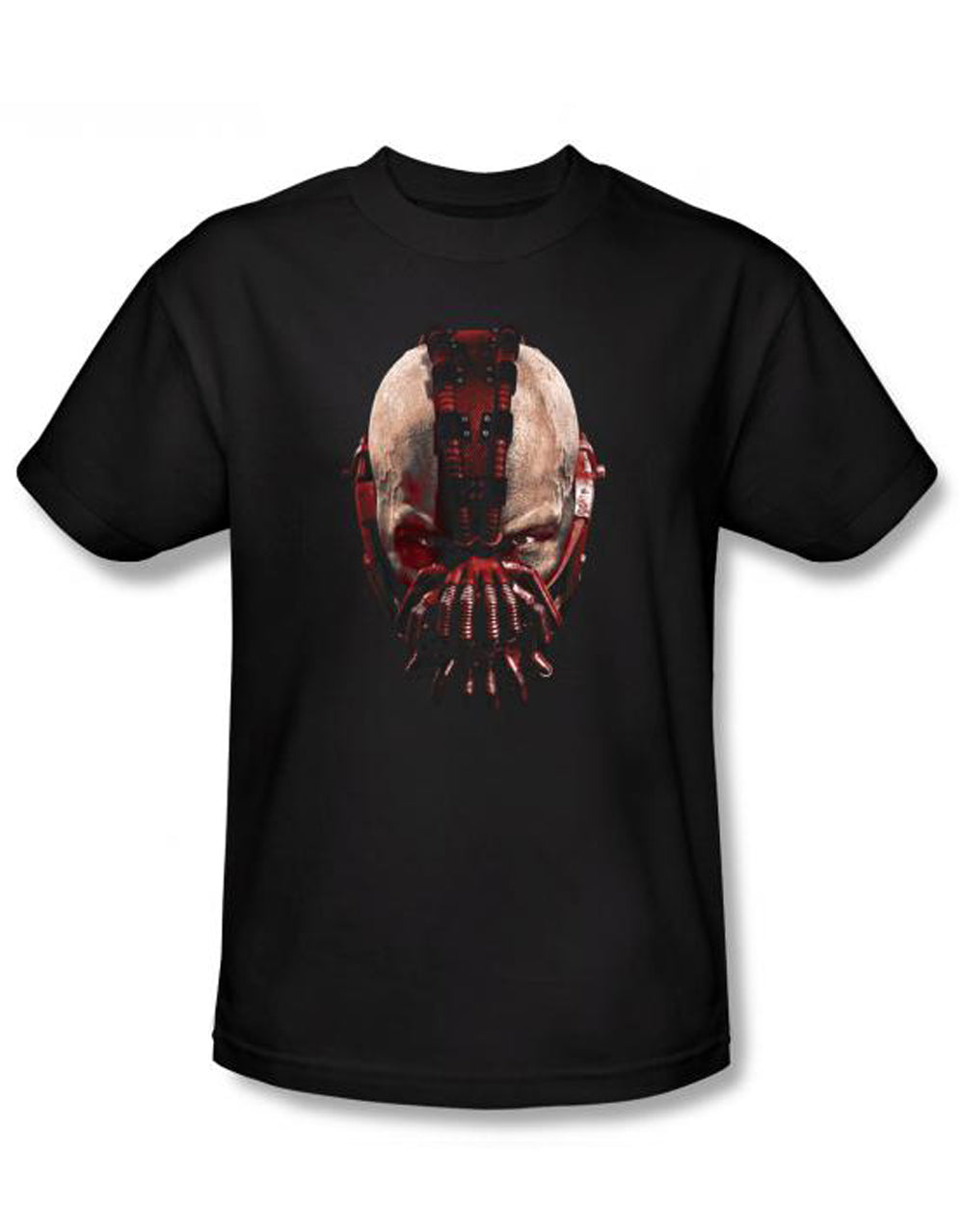 Dark Knight Bane look graphic on a black adult t-shirt.