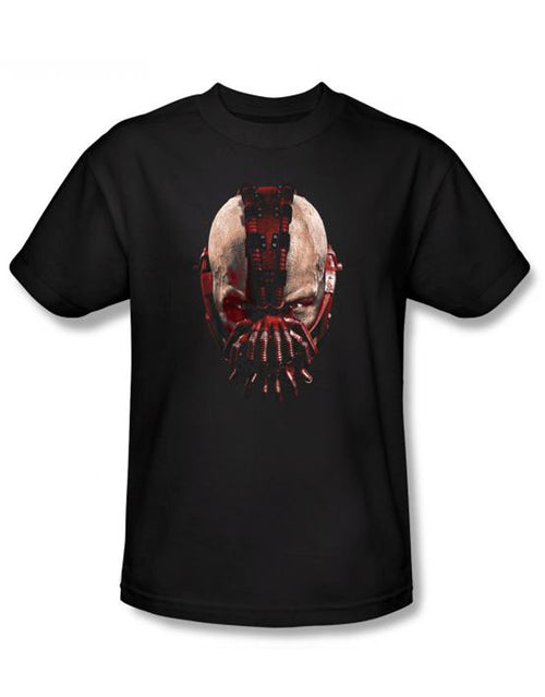 Dark Knight Bane look graphic on a black adult t-shirt.