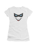 Harley Quinn villain face graphic on a white women's t-shirt.