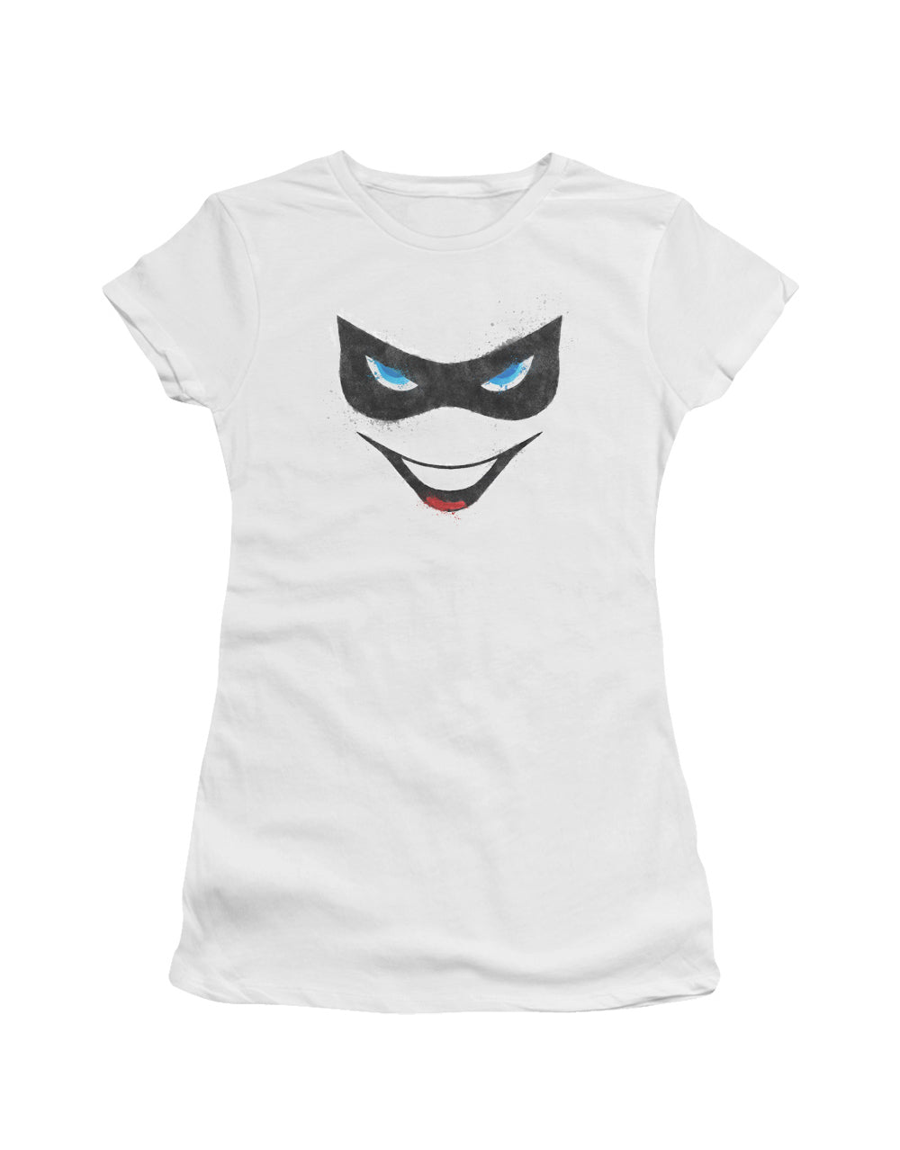 Harley Quinn villain face graphic on a white women's t-shirt.