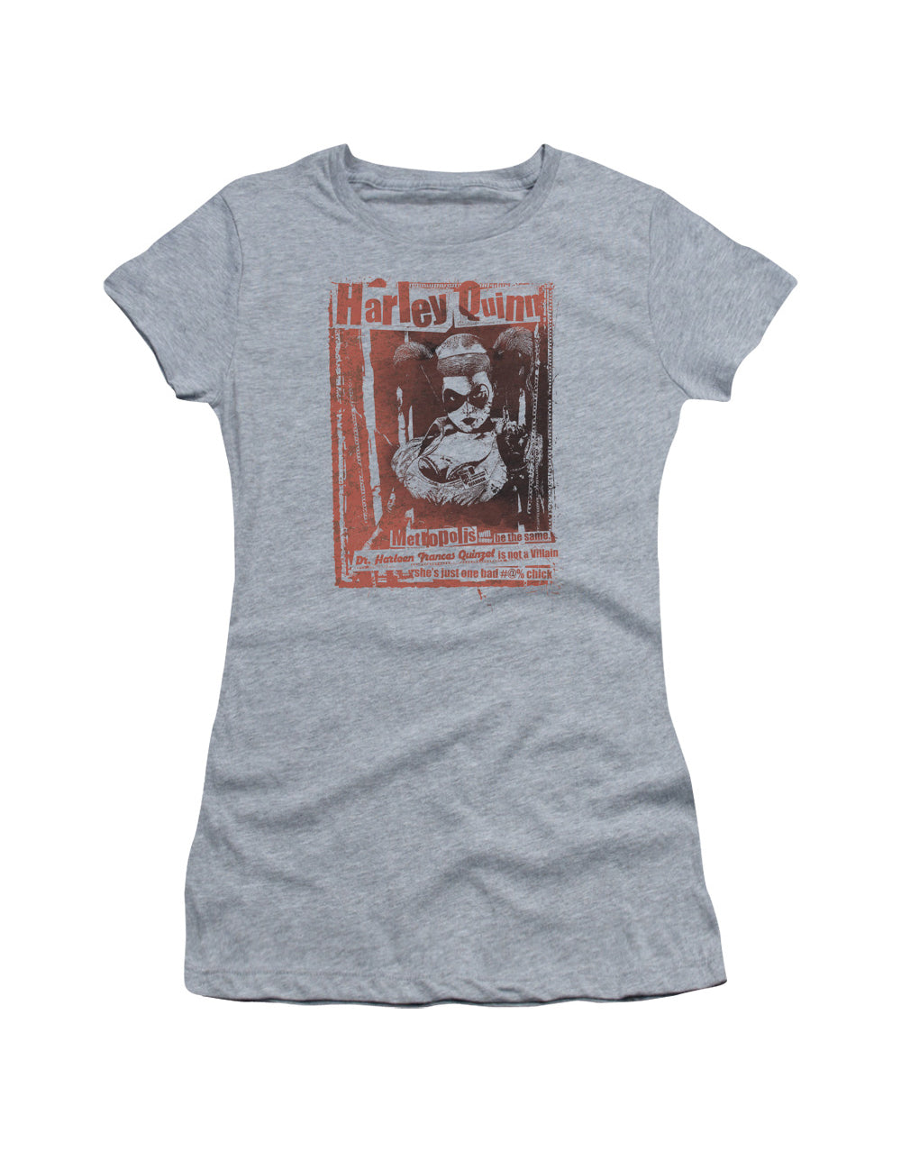 Harley Quinn Dr Quinn graphic on a silver grey women's t-shirt.