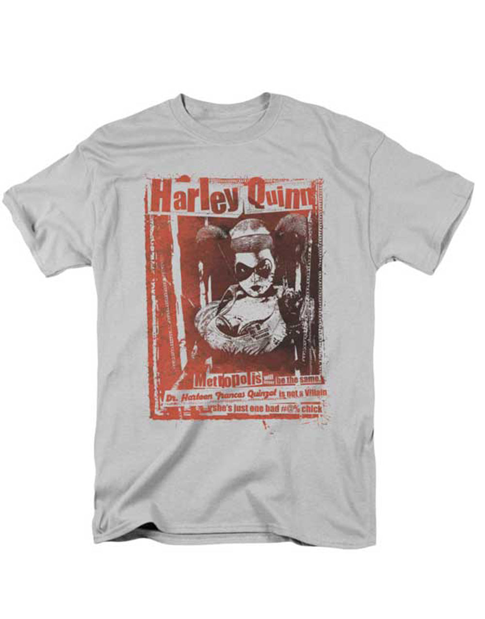 Dr Harley Quinn graphic on a silver grey adult t-shirt.