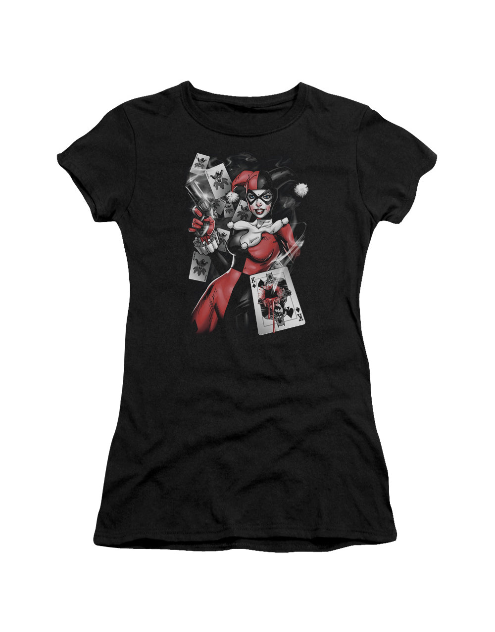 Harley Quinn smoking gun graphic on a black women's t-shirt.