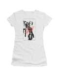 Harley Quinn inked Quinn graphic on a white women's t-shirt.