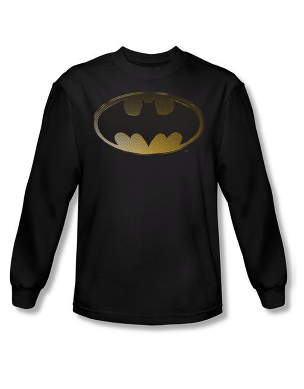 Halftone bat logo graphic on a black adult long sleeve top.