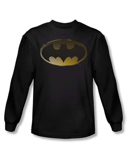 Halftone bat logo graphic on a black adult long sleeve top.