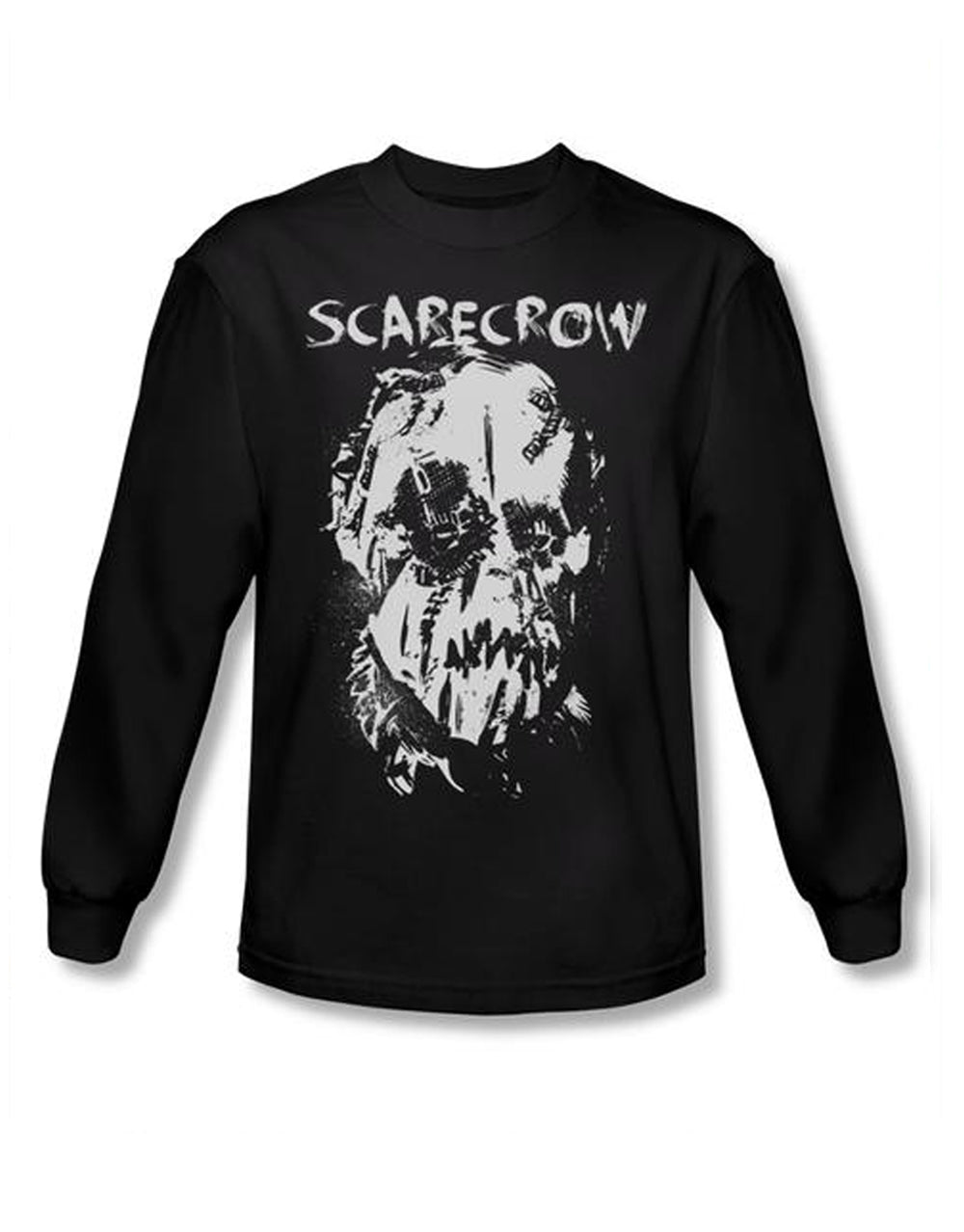 Batman Begins Scarecrow mask graphic on a black adult long sleeve top.