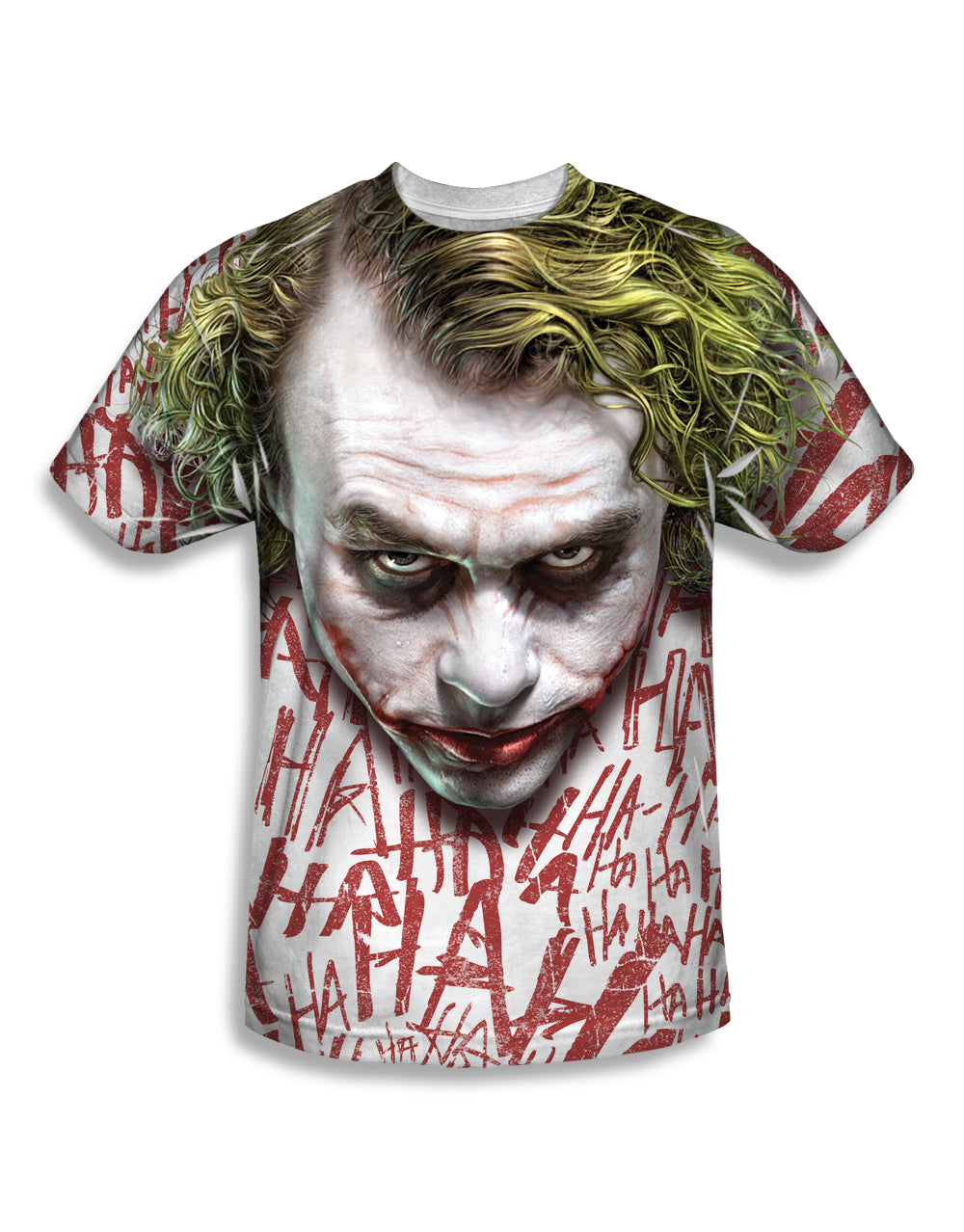 The Dark Knight ha ha face graphic on a white adult t-shirt.