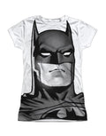 Batman head graphic on a white women's t-shirt.