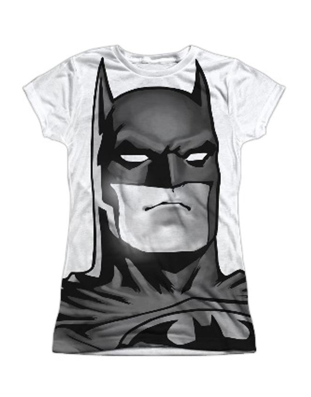 Batman head graphic on a white women's t-shirt.