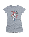 Harley Quinn profiling graphic on a heathered athletic grey women's t-shirt.