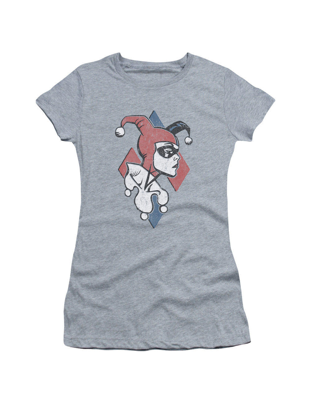 Harley Quinn profiling graphic on a heathered athletic grey women's t-shirt.