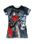 Harley Quinn nice shot graphic on a white women's t-shirt.