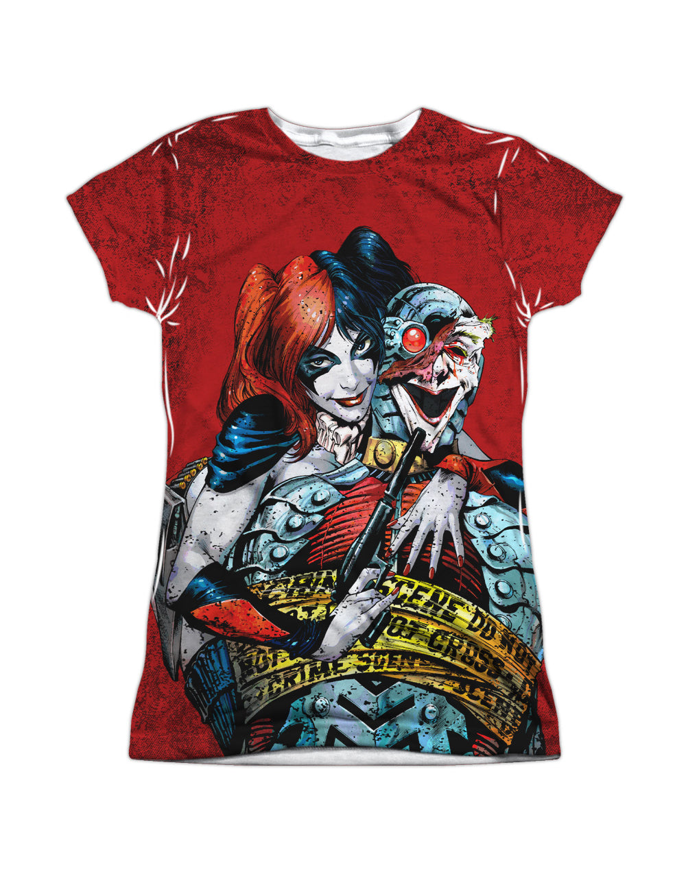Harley Quinn crime scene graphic on a white women's t-shirt.