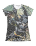Batman catch graphic on a white women's t-shirt.