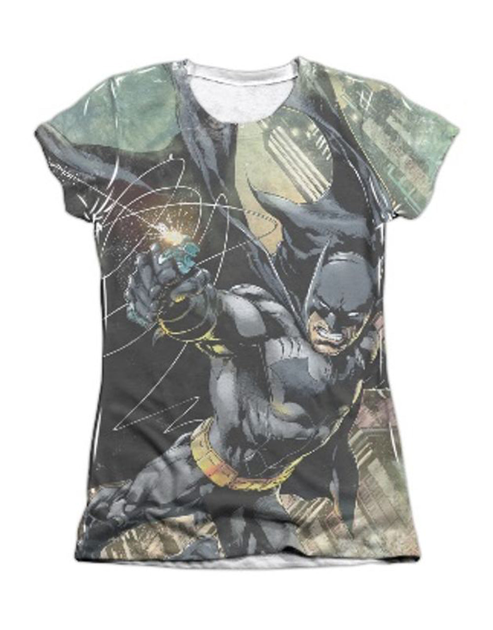 Batman catch graphic on a white women's t-shirt.