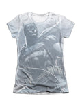 Batman protector graphic on a white women's t-shirt.