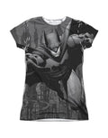 Batman race graphic on a white women's t-shirt.