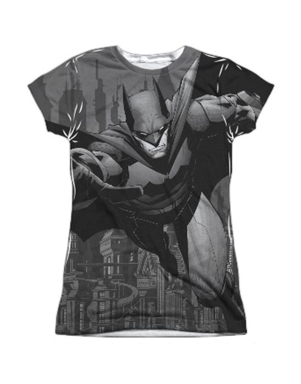Batman race graphic on a white women's t-shirt.