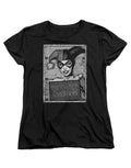 Harley Quinn inmate graphic on a black women's t-shirt.