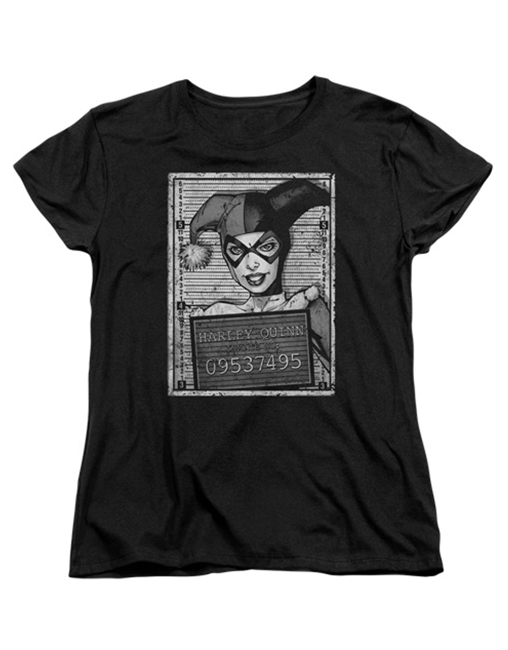 Harley Quinn inmate graphic on a black women's t-shirt.