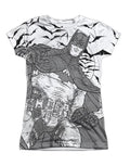 Batman liney sub graphic on a white women's t-shirt.