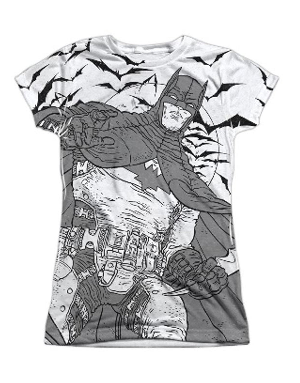 Batman liney sub graphic on a white women's t-shirt.
