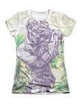 The Joker mad swirl graphic on a white women's t-shirt.