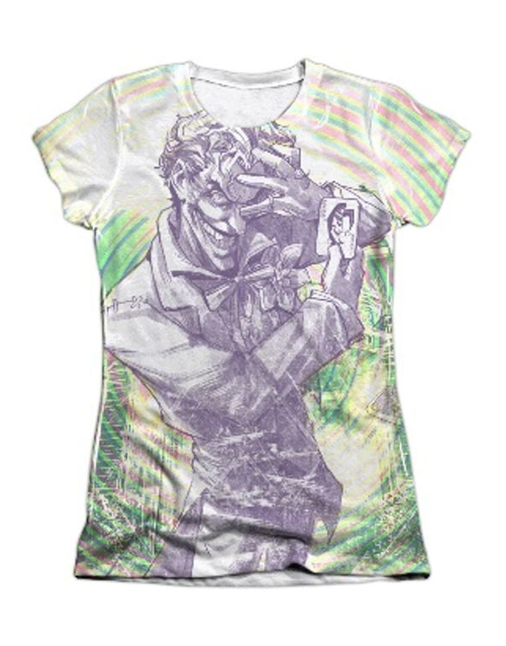 The Joker mad swirl graphic on a white women's t-shirt.