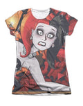 Harley Quinn cooke cover graphic on a white women's t-shirt.