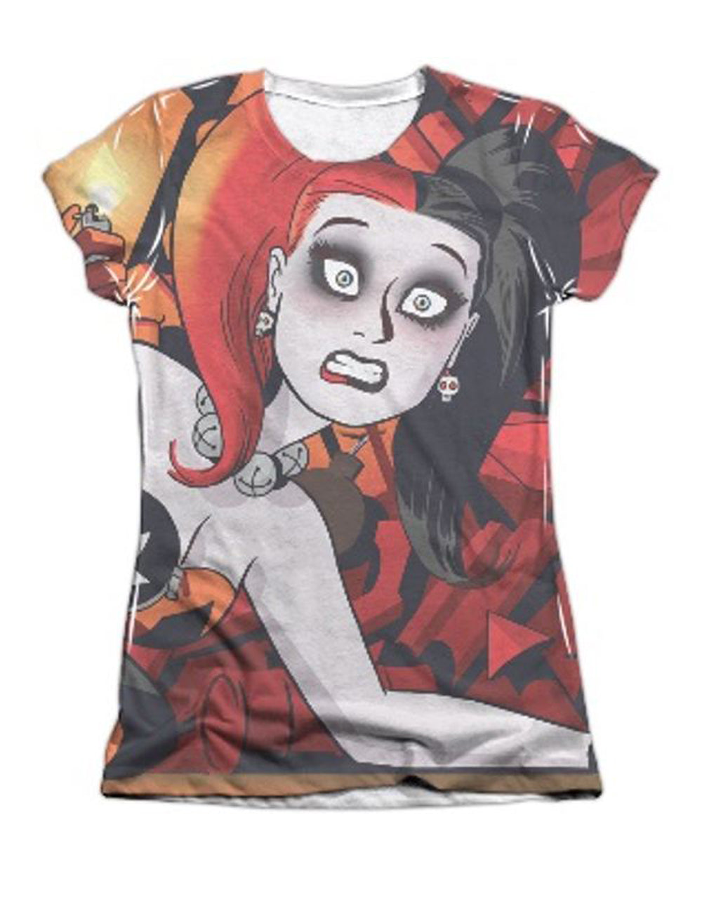 Harley Quinn cooke cover graphic on a white women's t-shirt.