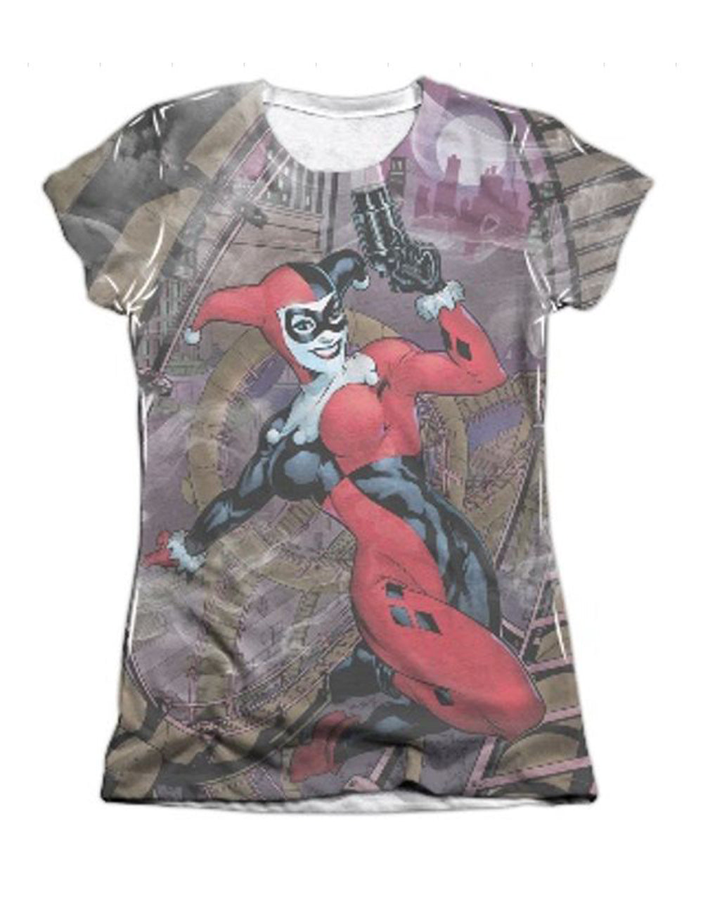 Harley Quinn roller coaster graphic on a white women's t-shirt.