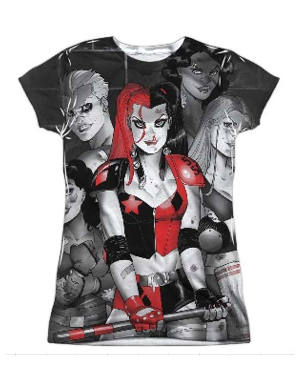 Harley Quinn bad girls graphic on a white women's t-shirt.